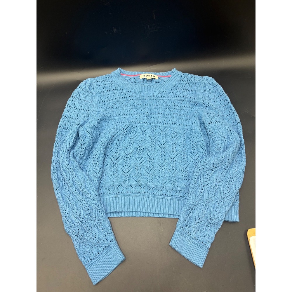 Boden Womens K0796 Pointelle Knit Cotton Cropped Sweater Blue Large